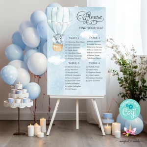 24x36 Gráfico de asientos de baby shower de elefante de globo aerostático azul, letrero de asiento de elefante niño, globo aerostático azul arriba y lejos corjl editable