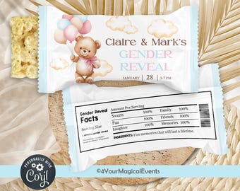 Bearly wait crispy rice labels, gender reveal party favors, favor, digital printable, bear pink & blue balloons reveal rice snack label.