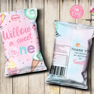 Sweet One girl&#39;s 1st first birthday Chips Bag Wrapper, digital printable, birthday favor favors, party supply supplies, chips bag wrapper.