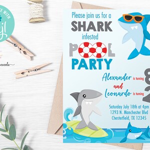 Siblings sharks birthday invitation, combined birthday invite, corjl digital printable, baby sharks, surfing, sharks infested pool invite.