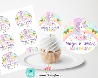 Regenbogen Einhorn Geburtstag Cupcake Topper, Geburtstag Gastgeschenke gefallen, digital bedruckbar, Danke Aufkleber, Einhorn Geburtstag Cupcake Topper.