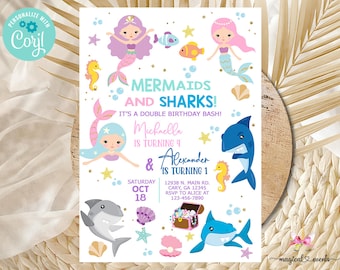 Siblings mermaids & sharks birthday invitation, boy girl brother sister, corjl birthday invite digital printable, splish splash double bash.
