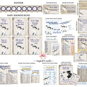 Koe baby shower spellen borden en kaarten bundel, jongen koe spellen borden en kaarten pakket, blauwe koe en houten achtergrond, baby koe douchepakket.