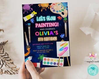 May include: A glow-in-the-dark birthday party invitation with a black background and colorful paint splatters. The text reads "Let's Glow Painting! And Celebrate Olivia's 8th Birthday!" with neon pink, blue, and green lettering. The invitation includes details for the party, including the date, time, address, and RSVP information.
