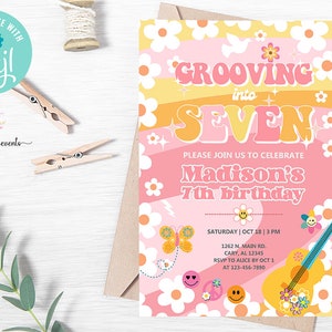 GROOVY grooving into seven girl 7th birthday invitation, pink orange 70s retro daysies, girl 7th birthday invite, corjl digital printable.