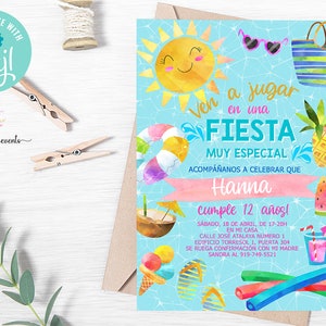 Pool bash girl summer birthday invitation, splish splash pool birthday invite, Spanish Español, corjl digital printable, fiesta en piscina.