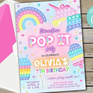 Popit girl 7th birthday invitation, any age birthday invite, digital printable corjl editable, pop on over, pastel colors unicorn rainbow.