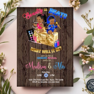 Beauty or beats gender reveal invitation, gender reveal invite, makeup or beats, digital printable instant download, brown wood black babies