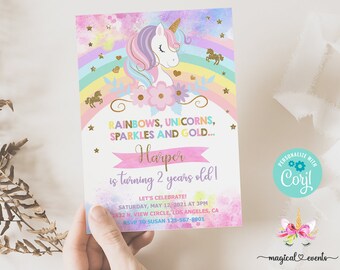 Unicorn & rainbow girl birthday invitation, girl 2nd birthday invite, corjl digital printable, rainbows unicorns sparkles gold, 2 years old.