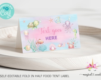 Sea life birthday fold in half food tent label, 3.5x2 folded card, 3.5x4 unfolded, ocean life birthday labels, corjl digital printable.