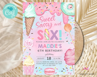 Candy SWEET SASSY and SIX girl birthday invitation, birthday invite, cotton candy sweets donut ice cream cupcake, corjl digital printable.