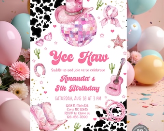 Cowgirl western birthday invitation, birthday invite, Yee Haw, Saddle Up, corjl digital printable, pink cowgirl, Country western invitation.