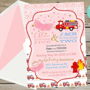 Siblings tutus and firetruck birthday invitation, boy girl, brother sister, birthday invite digital printable, firetrucks tutu, corjl invite