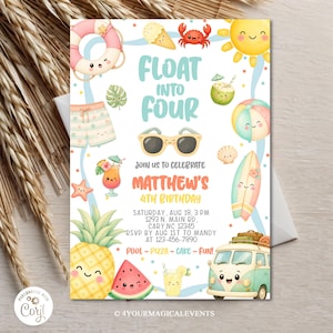 May include: A birthday invitation card featuring a summer theme with illustrations of a lifebuoy, ice cream, crab, sun, coconut drink, beach ball, surfboard, pineapple, watermelon, and a van. Text reads FLOAT INTO FOUR, MATTHEW'S 4TH BIRTHDAY.