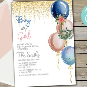 Ballonnen gender reveal uitnodiging, uitnodiging, jongen of meisje, wat zal baby zijn, digitaal afdrukbaar, roze en marineblauwe ballonnen, corjl bewerkbaar.