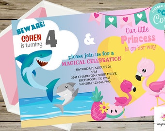 Shark and flamingo birthday & baby shower invitation, combined invite, corjl digital printable, beware shark invite, flamingo girl invite.