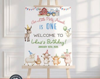 18x24 boy farm birthday welcome sign, farm party animals birthday welcome sign, corjl digital printable, red barn, farm animals.