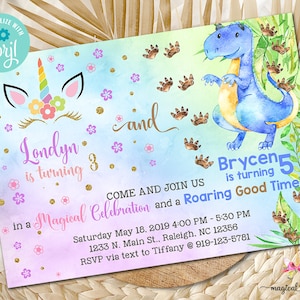 Siblings unicorn and dinosaur birthday invitation, boy girl, brother sister, dinosaur invite, unicorn invite, digital printable, corjl.