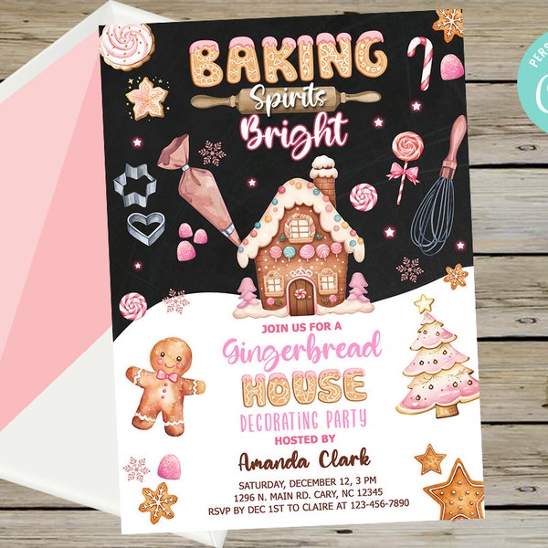 Christmas gingerbread house decoraring party invitation, gingerbread house & cookies invite, corjl digital printable, baking spirits bright.