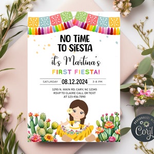 Girl First Fiesta birthday invitation, girl birthday invite, fiesta invitation, Mexican pom pom buntings cactus, corjl digital printable.