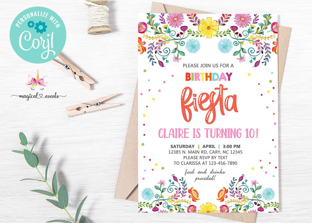 Fiesta birthday invitation, girl 10th birthday fiesta invite, digital printable, mexican flowers, watercolor flowers, corjl editable, fiesta