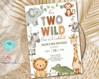 May include: A birthday invitation with a jungle theme. The invitation features illustrations of a zebra, elephant, lion, giraffe, monkey, toucan, and crocodile. The text reads "He's Two Wild" and includes party details.