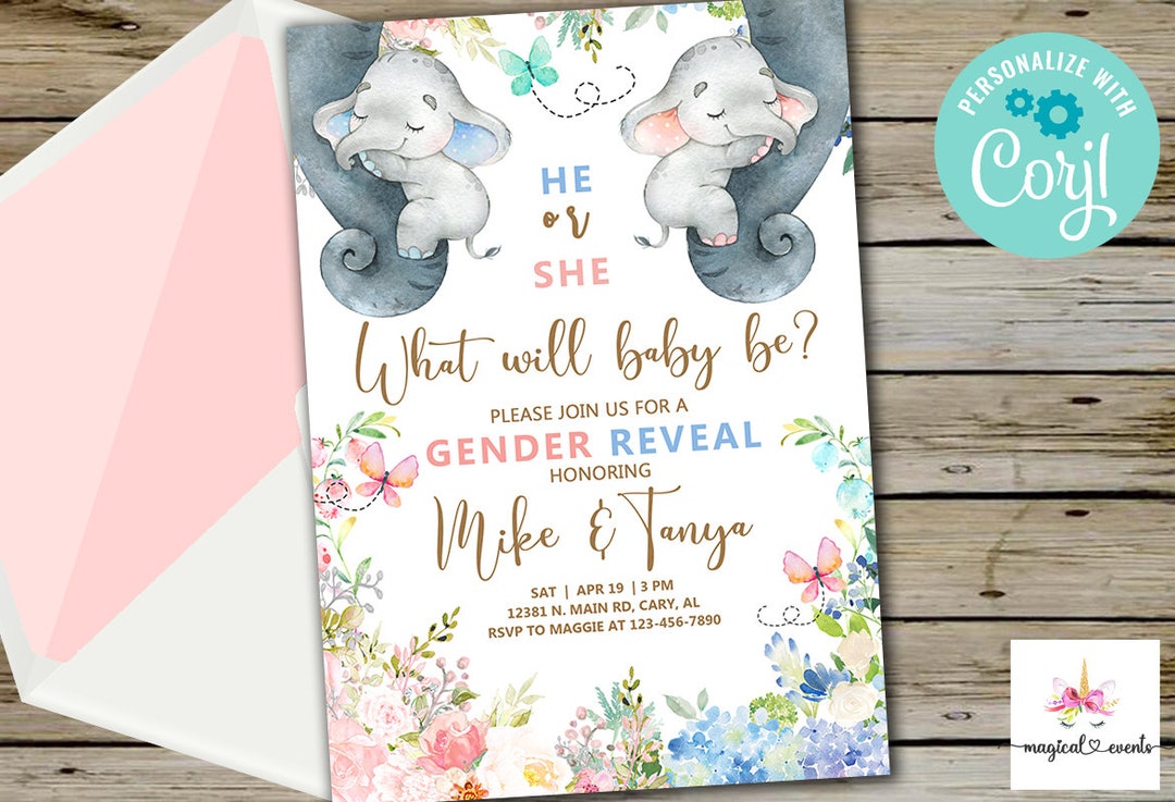 Elephants Gender Reveal Invitation Invite, He or She What Will Baby Be, Digital Printable, Pink