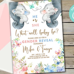 Elephants gender reveal invitation invite, he or she what will baby be, digital printable, pink blue flowers elephant trunks, corjl editable
