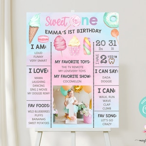 Sweet one girl birthday chalkboard, photo milestones birthday sign, girl sweet one poster, sweets candy donut ice cream, digital printable.