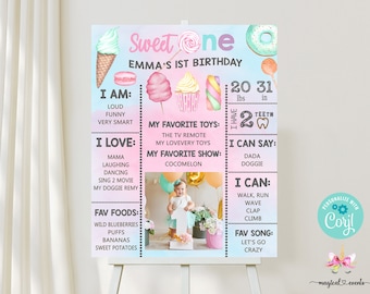 Sweet one girl birthday chalkboard, photo milestones birthday sign, girl sweet one poster, sweets candy donut ice cream, digital printable.