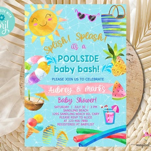 Summer pool baby shower invitation, Pool summer baby shower invite, digital printable, splish splash, poolside baby bash, corjl editable.