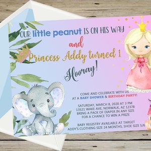 Siblings combined baby shower and birthday invitation, elephant baby shower, princess 1st birthday, digital printable, corjl invitation.