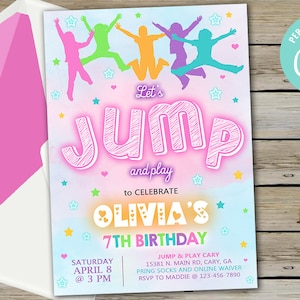 JUMP girl 7th birthday invitation, any age girl birthday invite, digital printable, jump & play to celebrate, pastel colors, corjl editable.