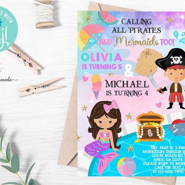 Siblings pirate mermaid pool birthday party invitation, boy girl brother sister invite, digital printable, under the sea, corjl editable.