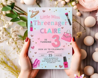 Threenager fashion & makeup girl 3rd third birthday invitation, girl spa make up birthday invite, corjl digital printable,  three-nager girl