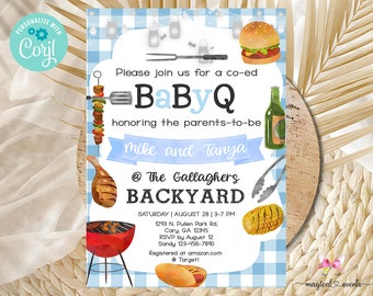 Invito per baby shower BABY-Q, invito per baby shower con barbecue per maschietti, stampabile digitale corjl, invito per baby shower misto con barbecue per maschietti, BaByQ in giardino.