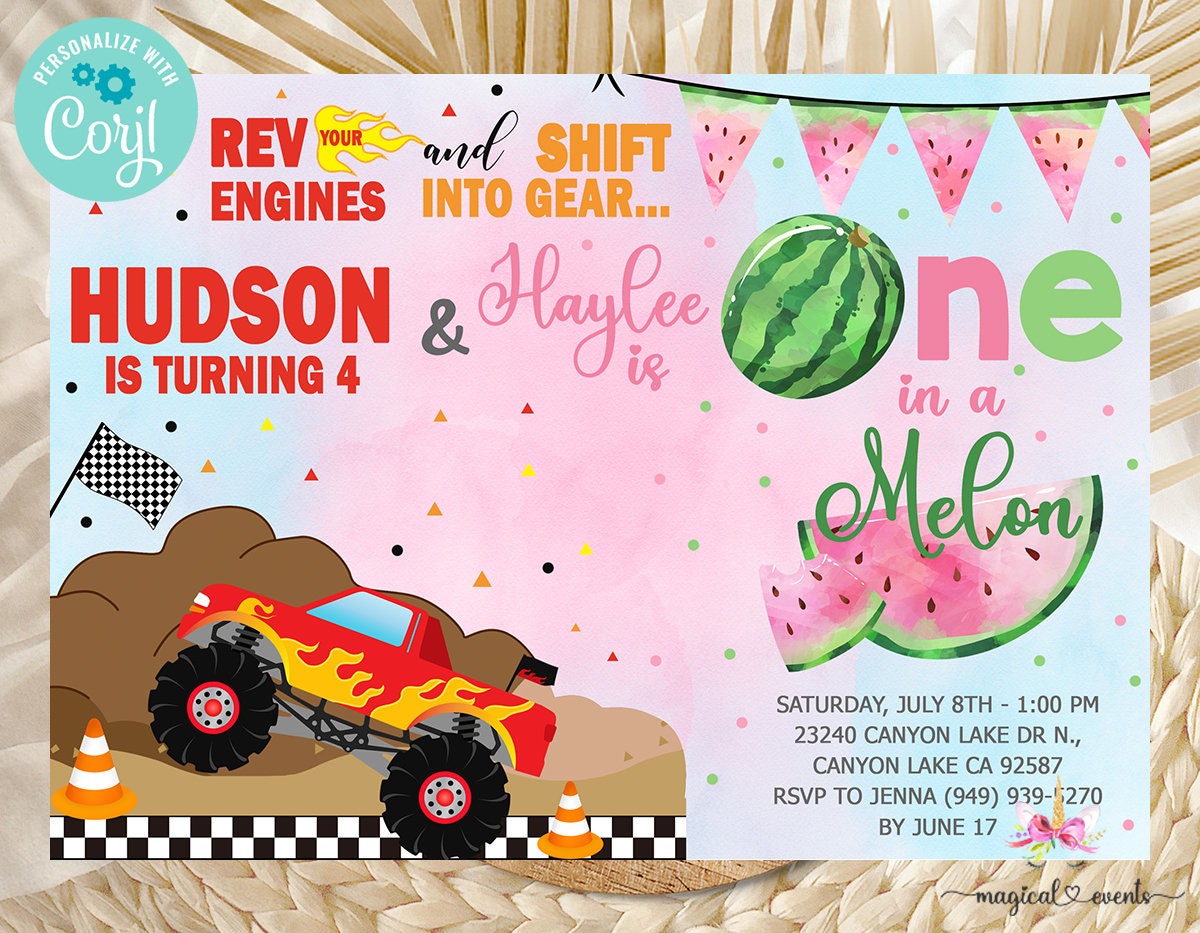 Siblings watermelon monster truck birthday invitation siblings birthday invite corjl digital printable rev your engines one