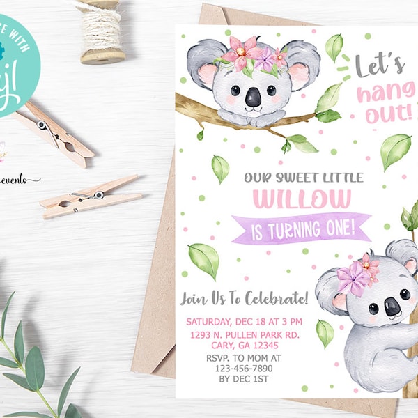 Koala girl birthday invitation, girl birthday invite, koala bear invitation, invite, digital printable, instant download, corjl editable.