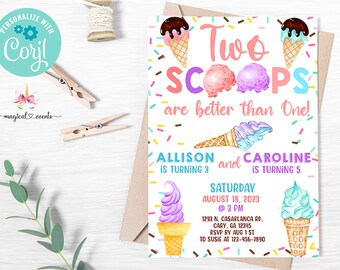 Here's the scoop ice cream birthday invitation, birthday invite corjl digital printable, ice cream two scoops siblings invitation, sprinkles