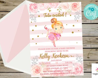 May include: Pink and gold baby shower invitation with a cartoon ballerina illustration. The text reads "Tutu excited!" and "Please join us for a baby shower honoring mom-to-be Kelly Keokesa".