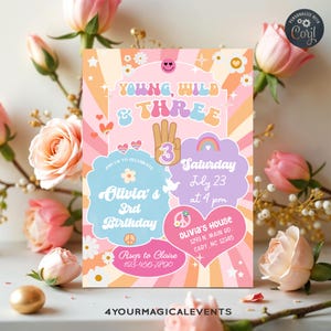 Young Wild & Three girl GROOVY 3rd third birthday invitation, girl THREENAGER birthday invite, digital printable,  three-nager groovy girl.
