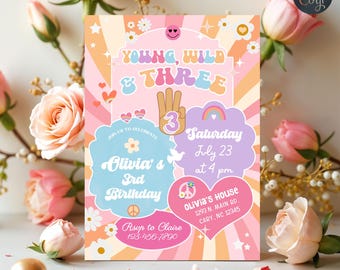 May include: A colorful birthday invitation with a retro theme. The design features the text "Young, Wild & Three" and "Olivia's 3rd Birthday." The invitation includes details for the party, such as the date, time, and location. The color scheme includes pink, orange, and blue.