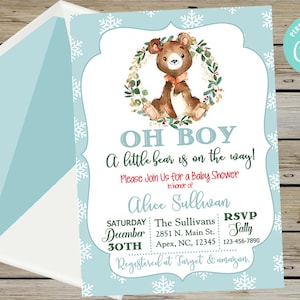 A little bear baby shower invitation, boy baby shower invite, Oh boy, corjl digital printable, winter baby shower, little bear on the way.