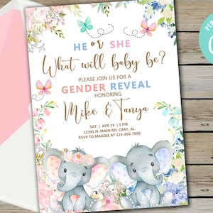 Elephants gender reveal invitation, invite, boy or girl, he or she what will baby be, digital printable, flowers butterflies, corjl editable