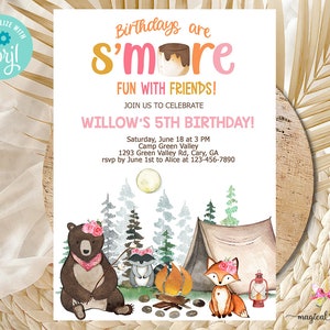 Woodland animals girl birthday invitation, camping & smores girl birthday invite, digital printable, tent bear fox raccoon, corjl editable.