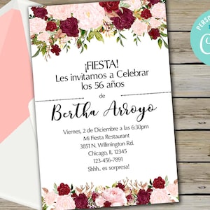 Fiesta spanish birthday invitation, español spanish, burgundy pink flowers, 4x6 invite, digital printable, pink red roses, corjl editable.
