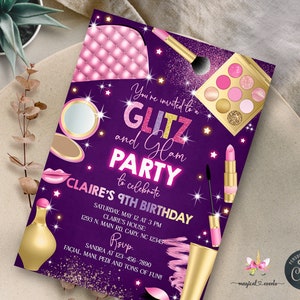 May include: Purple invitation with glitter and stars for a 9th birthday party. The invitation features makeup items like lipstick, eyeshadow, and perfume bottles. The text reads "You're invited to a Glitz and Glam Party to celebrate Claire's 9th Birthday".