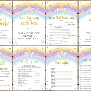 Unicorn & pastel rainbow baby shower games bundle, girl baby shower games, games package, gold stars unicorn baby shower games pack, bundle.