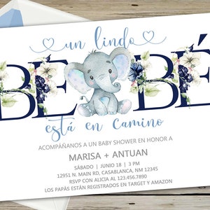 Elephant boy baby shower uitnodiging, uitnodigen, blauwe bloemen, blauwe letters, digitaal printable, corjl bewerkbaar, Spaans español, es niño, bebe.
