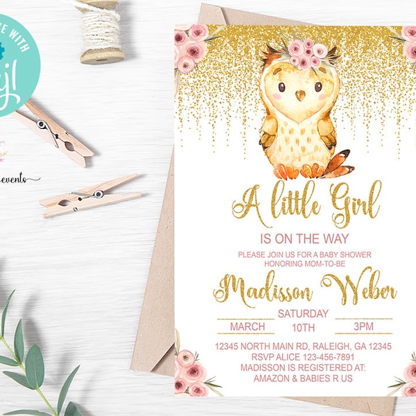 Pink owl baby shower invitation, girl baby shower invite, pink flowers gold, owl baby shower, digital printable, its a girl, corjl editable.